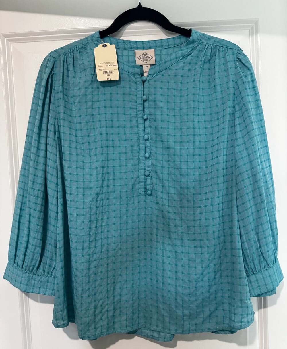 St. John's Bay Blouse Size PM Tropic Aqua Dobby Button Front Top